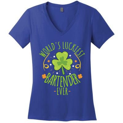 World's Luckiest Bartender Ever Funny St Patrick Day Irish Cool Gift Women's V-Neck T-Shirt