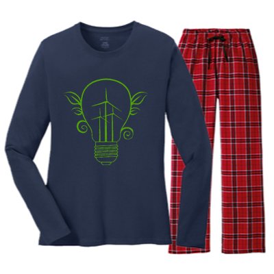 Windmill Light Bulb Solar Energy Global Warming Earth Day Women's Long Sleeve Flannel Pajama Set 