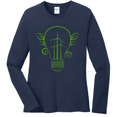 Windmill Light Bulb Solar Energy Global Warming Earth Day Ladies Long Sleeve Shirt