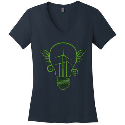 Windmill Light Bulb Solar Energy Global Warming Earth Day Women's V-Neck T-Shirt