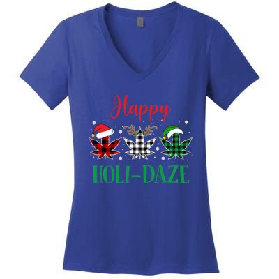 Weed Leaf Buffalo Plaid Christmas Happy Holigiftdaze Gift Women's V-Neck T-Shirt