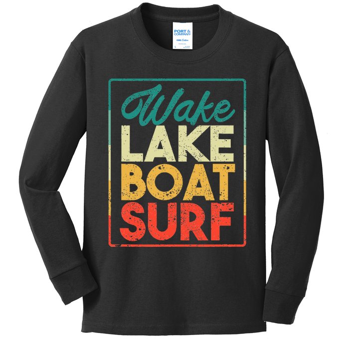 Wake Lake Boat Surf Funny Wakesurf Board Surfing Surfer Kids Long Sleeve Shirt