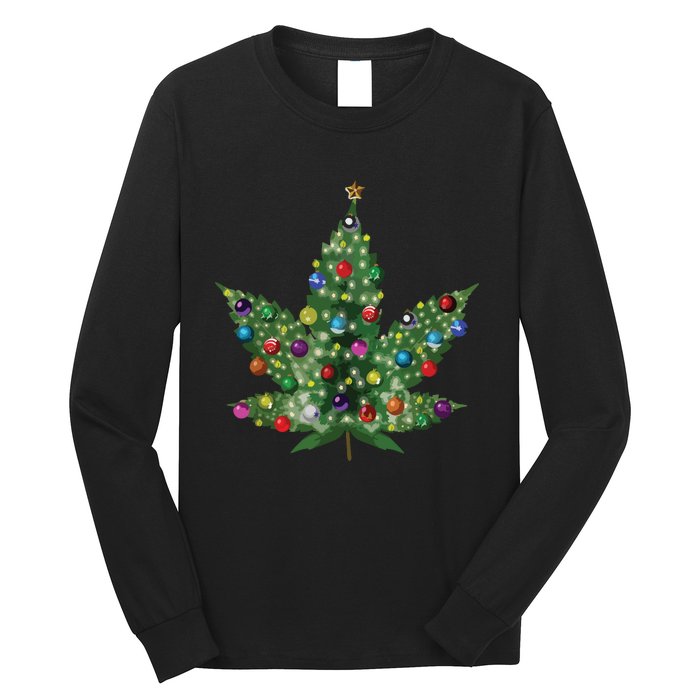 Weed Leaf Christmas Tree Pot Marijuana Thc Vape Reefer Hippy Long Sleeve Shirt