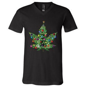 Weed Leaf Christmas Tree Pot Marijuana Thc Vape Reefer Hippy V-Neck T-Shirt