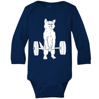 Weight Lifting Cat Deadlift Lifting Baby Long Sleeve Bodysuit