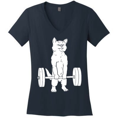 Weight Lifting Cat Deadlift Lifting Women's V-Neck T-Shirt