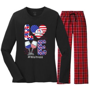 Womens LOVE Costume Waitress 4th July American Flag Fireworks Women's Long Sleeve Flannel Pajama Set 