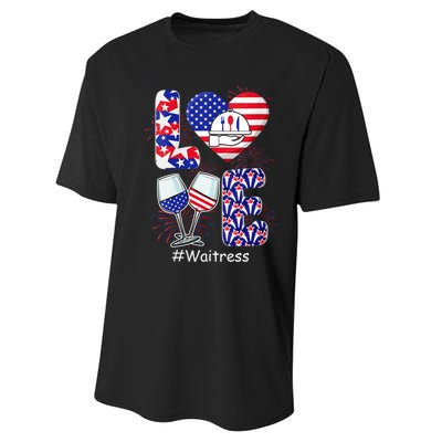 Womens LOVE Costume Waitress 4th July American Flag Fireworks Performance Sprint T-Shirt