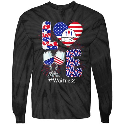 Womens LOVE Costume Waitress 4th July American Flag Fireworks Tie-Dye Long Sleeve Shirt