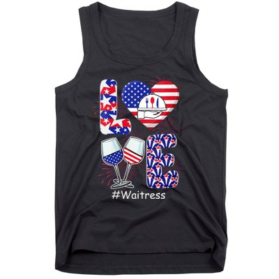 Womens LOVE Costume Waitress 4th July American Flag Fireworks Tank Top