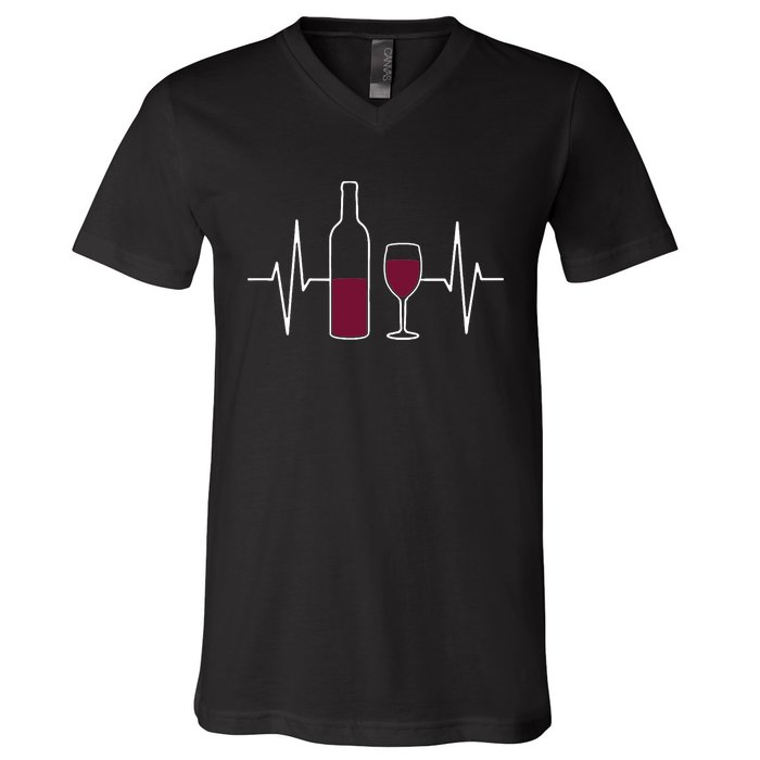 Wine Lover Ekg Heartbeat Line V-Neck T-Shirt