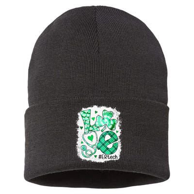 Womens Love ER Tech Life Bleached Saint Patrick's Day Shamrock Sustainable Knit Beanie