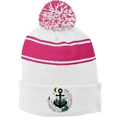 Worry Less Explore More Retro River Camper Graphic Stripe Pom Pom Beanie