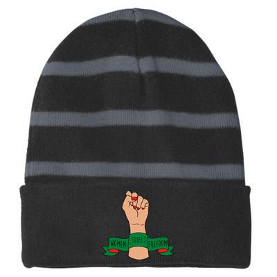 Women Life Freedom Iran Power Fist Striped Beanie with Solid Band