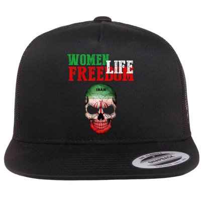 WOMEN LIFE FREEDOM, Skull Iranian Flag Women Of Iran Freedom Flat Bill Trucker Hat