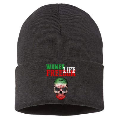 WOMEN LIFE FREEDOM, Skull Iranian Flag Women Of Iran Freedom Sustainable Knit Beanie