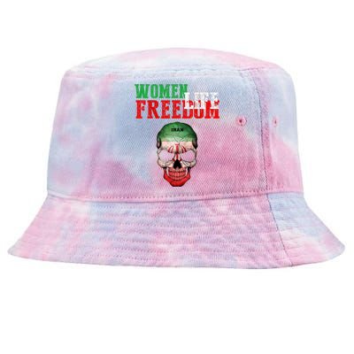 WOMEN LIFE FREEDOM, Skull Iranian Flag Women Of Iran Freedom Tie-Dyed Bucket Hat