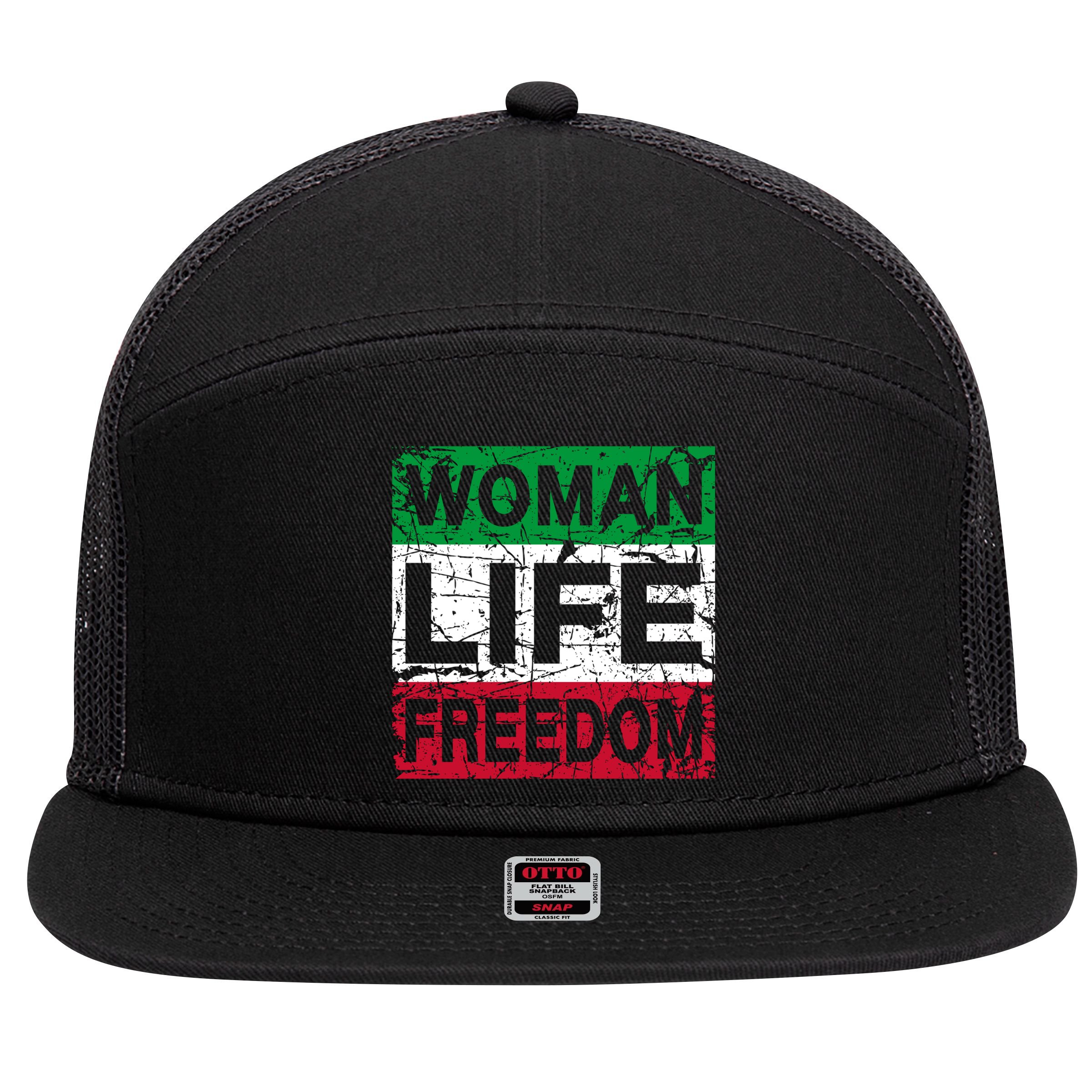 WOMAN LIFE FREEDOM IRAN RISE WITH THE WOMAN Support Woman 7 Panel Mesh Trucker Snapback Hat