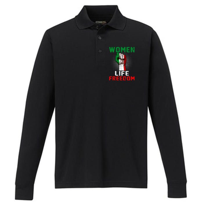 Women Life Freedom Stand With Women Iranian Flag Raised Hand Performance Long Sleeve Polo