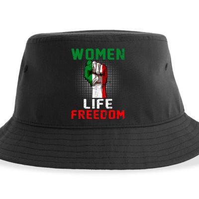 Women Life Freedom Stand With Women Iranian Flag Raised Hand Sustainable Bucket Hat