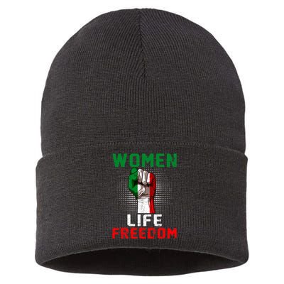 Women Life Freedom Stand With Women Iranian Flag Raised Hand Sustainable Knit Beanie