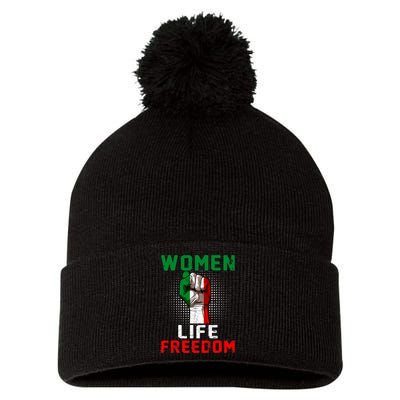 Women Life Freedom Stand With Women Iranian Flag Raised Hand Pom Pom 12in Knit Beanie