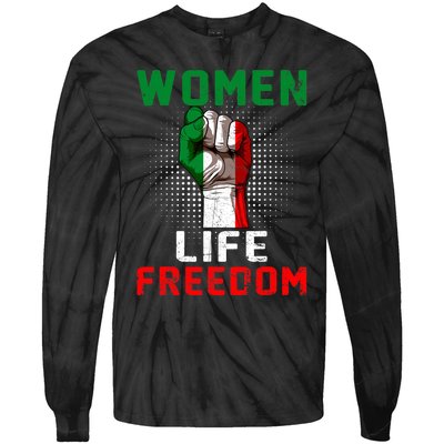 Women Life Freedom Stand With Women Iranian Flag Raised Hand Tie-Dye Long Sleeve Shirt