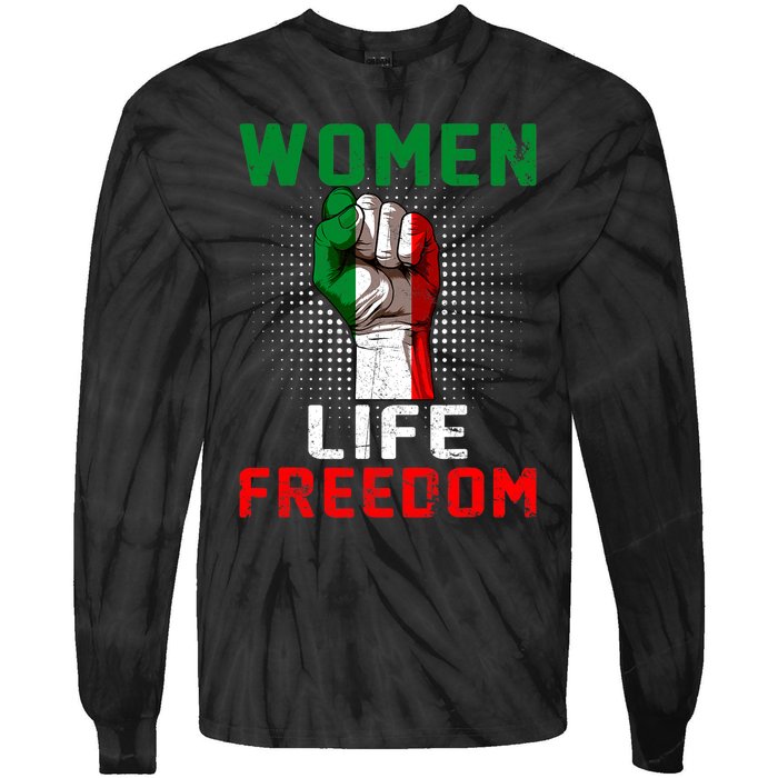 Women Life Freedom Stand With Women Iranian Flag Raised Hand Tie-Dye Long Sleeve Shirt