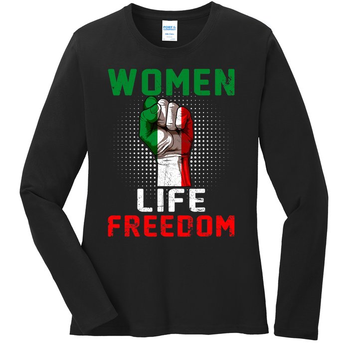 Women Life Freedom Stand With Women Iranian Flag Raised Hand Ladies Long Sleeve Shirt