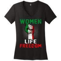 Women Life Freedom Stand With Women Iranian Flag Raised Hand Women's V-Neck T-Shirt