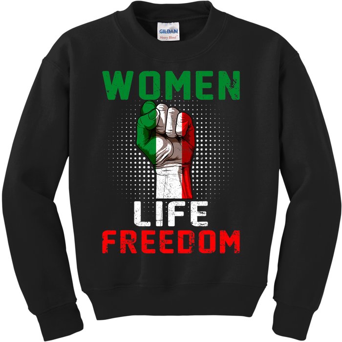 Women Life Freedom Stand With Women Iranian Flag Raised Hand Kids Sweatshirt