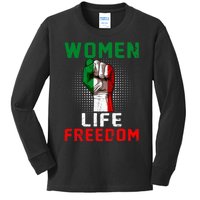 Women Life Freedom Stand With Women Iranian Flag Raised Hand Kids Long Sleeve Shirt