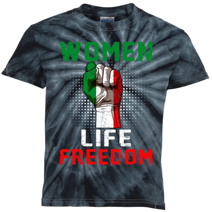 Women Life Freedom Stand With Women Iranian Flag Raised Hand Kids Tie-Dye T-Shirt