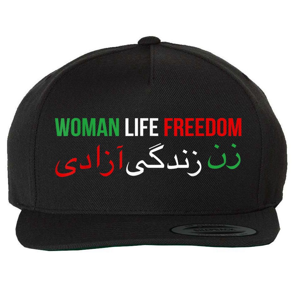 Woman Life Freedom Iran English Persian Protest Slogan Wool Snapback Cap