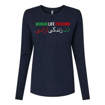 Woman Life Freedom Iran English Persian Protest Slogan Womens Cotton Relaxed Long Sleeve T-Shirt