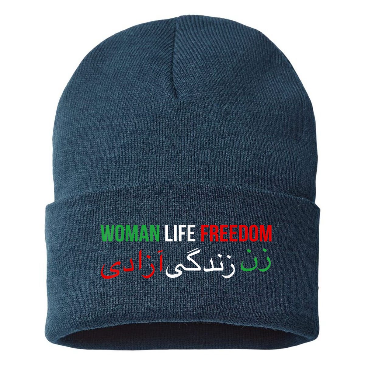 Woman Life Freedom Iran English Persian Protest Slogan Sustainable Knit Beanie