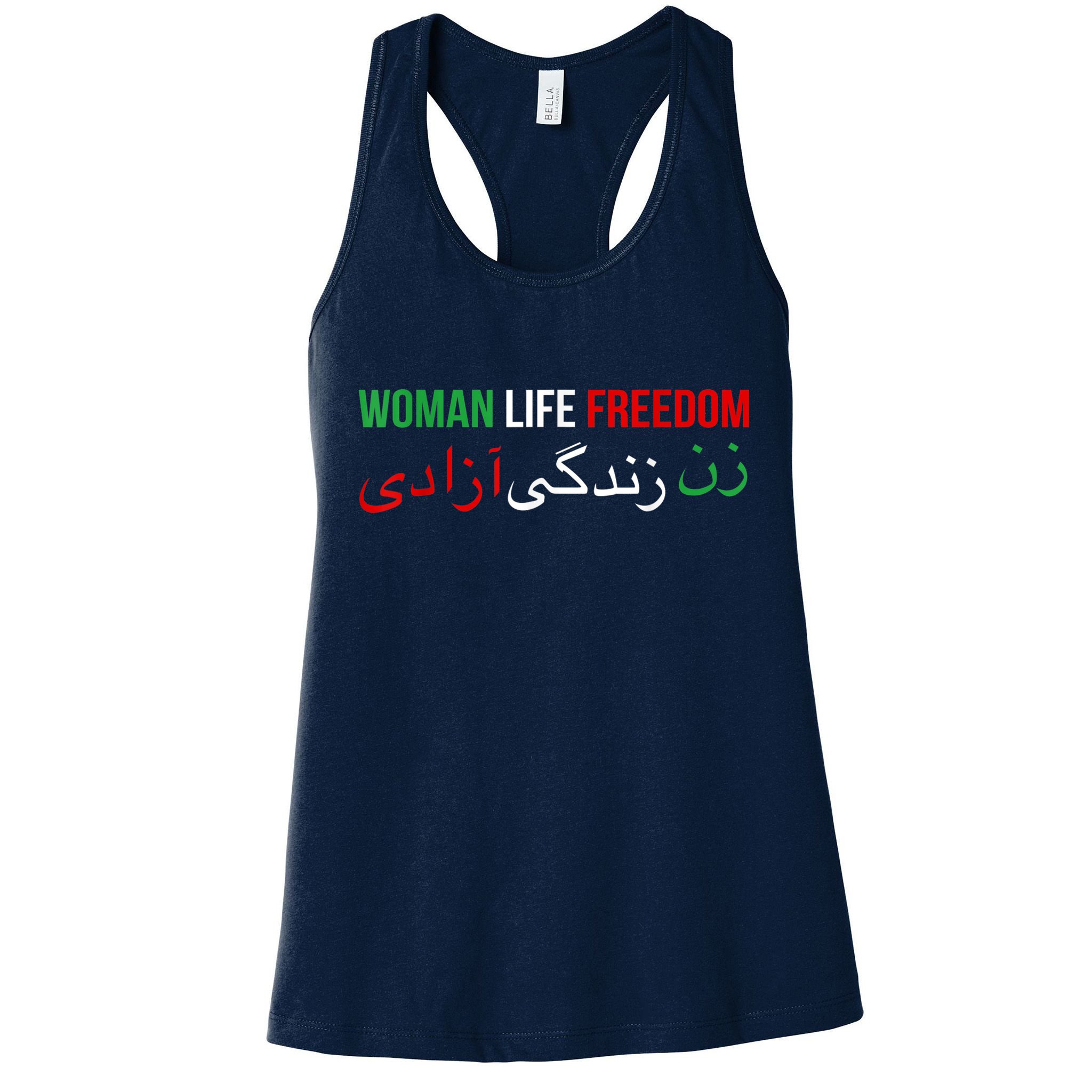 Woman Life Freedom Iran English Persian Protest Slogan Womens Tank Top