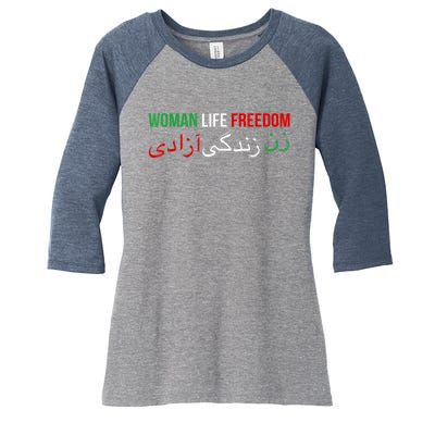 Woman Life Freedom Iran English Persian Protest Slogan Women's Tri-Blend 3/4-Sleeve Raglan Shirt