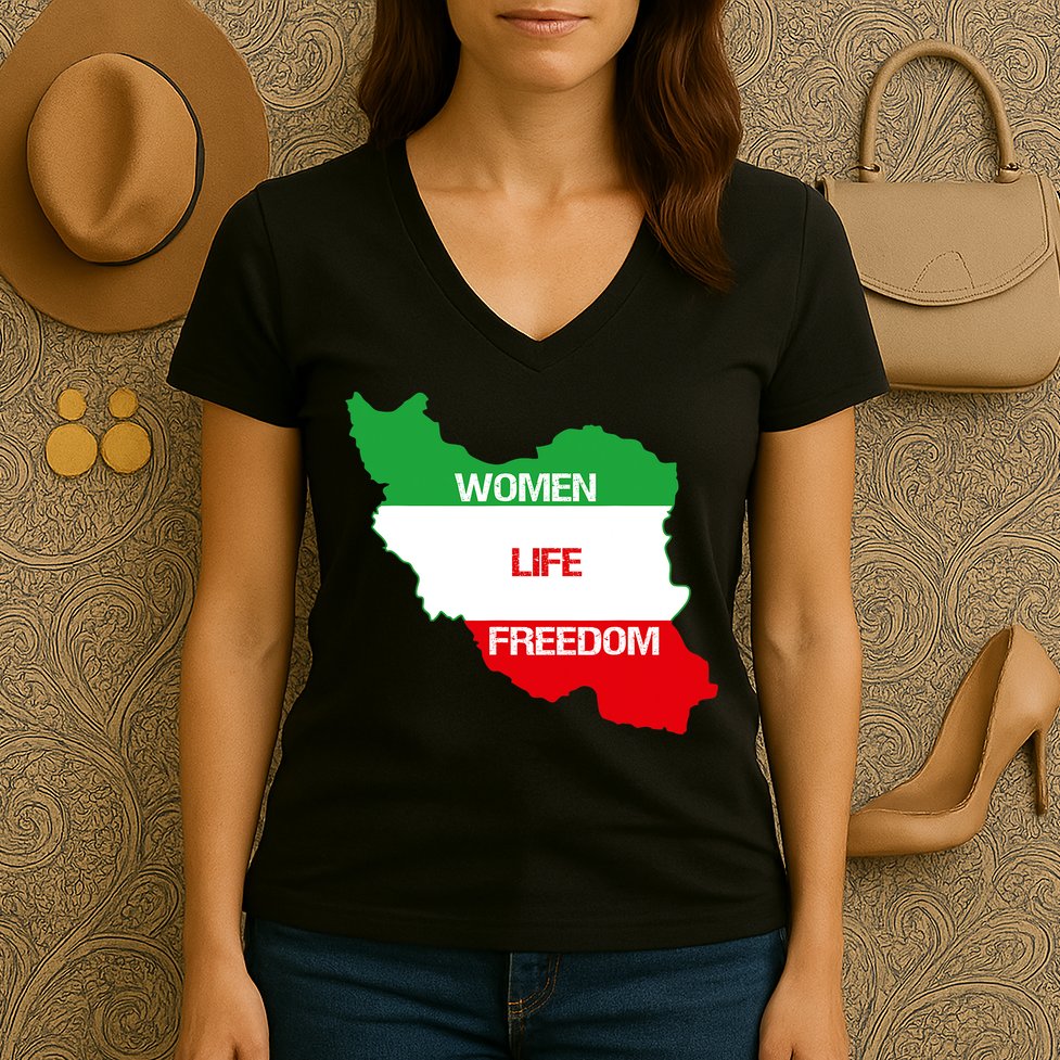 WOMEN LIFE FREEDOM, Cute Iranian Flag Women Of Iran Women's V-Neck T-Shirt