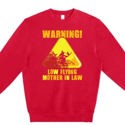 Warning Low Flying Mother In Law Funny Witch Halloween Premium Crewneck Sweatshirt