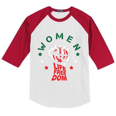 WOMEN LIFE FREEDOM Farsi Zan Zendegi Azadi With Female Fist Kids Colorblock Raglan Jersey