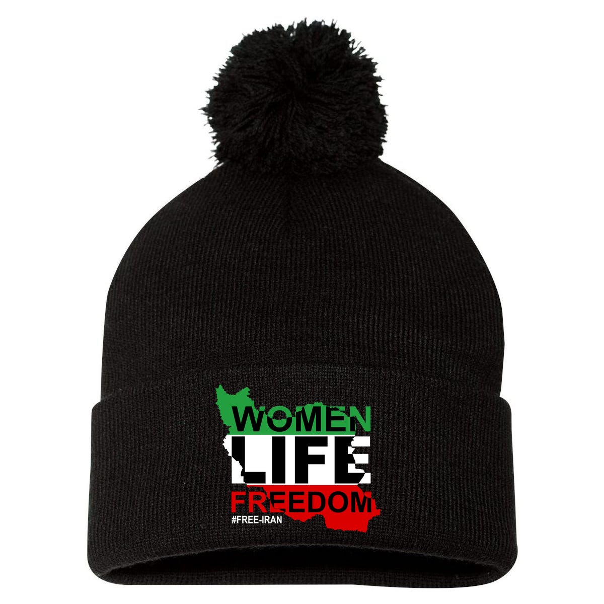 Women Life Freedom Free Iran Pom Pom 12in Knit Beanie