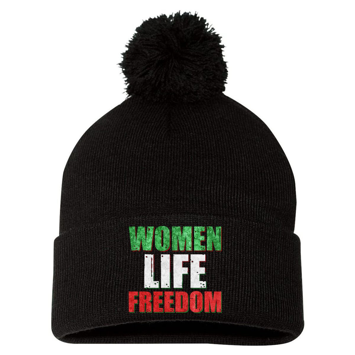 Women Life Freedom Mahsa Amini Rise With The Women Of Iran Pom Pom 12in Knit Beanie