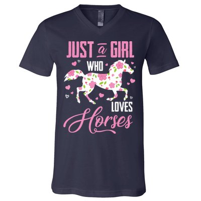 Who Loves Horses Floral Horse Equestrian Quote V-Neck T-Shirt