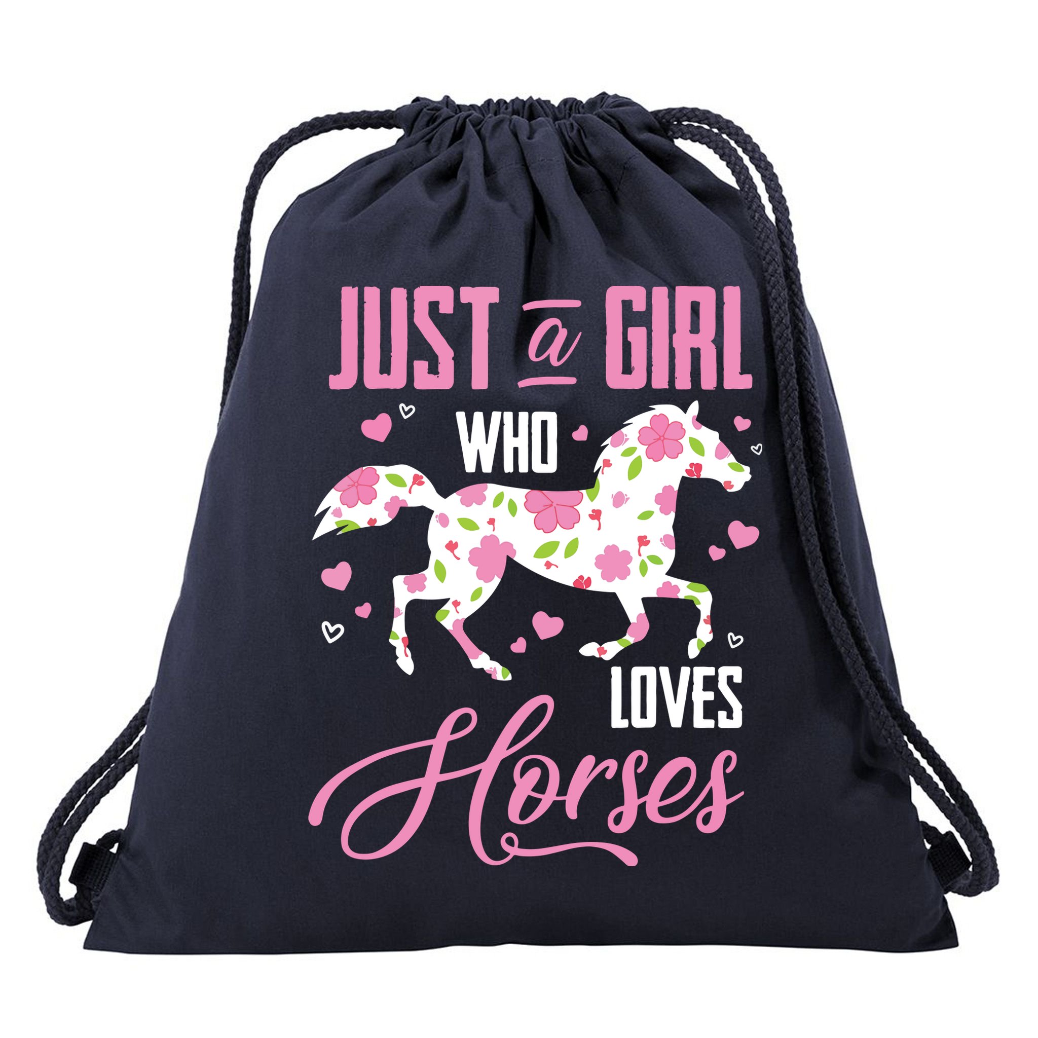 Who Loves Horses Floral Horse Equestrian Quote Drawstring Bag