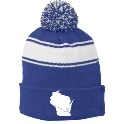 Wisconsin Love Heart Home State Midwest Wisco Vintage Retro Funny Gift Stripe Pom Pom Beanie