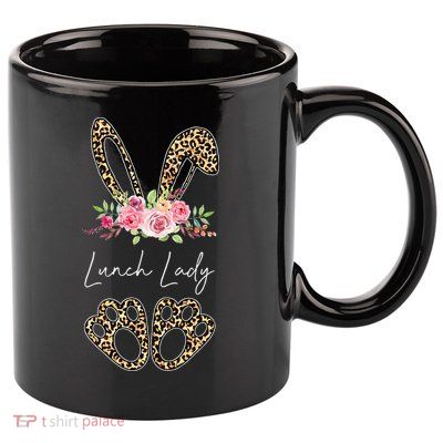 Womens Lunch Lady Bunny Leopard Flowers Easter Gifts 11oz C Handle Ceramic Mug