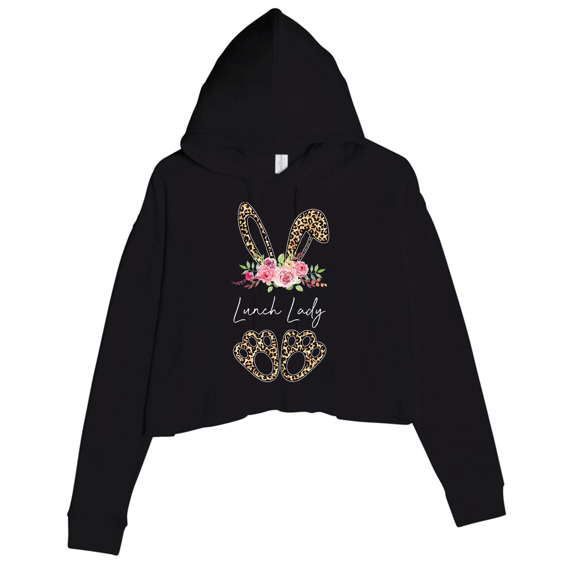 Womens Lunch Lady Bunny Leopard Flowers Easter Gifts Crop Fleece Hoodie