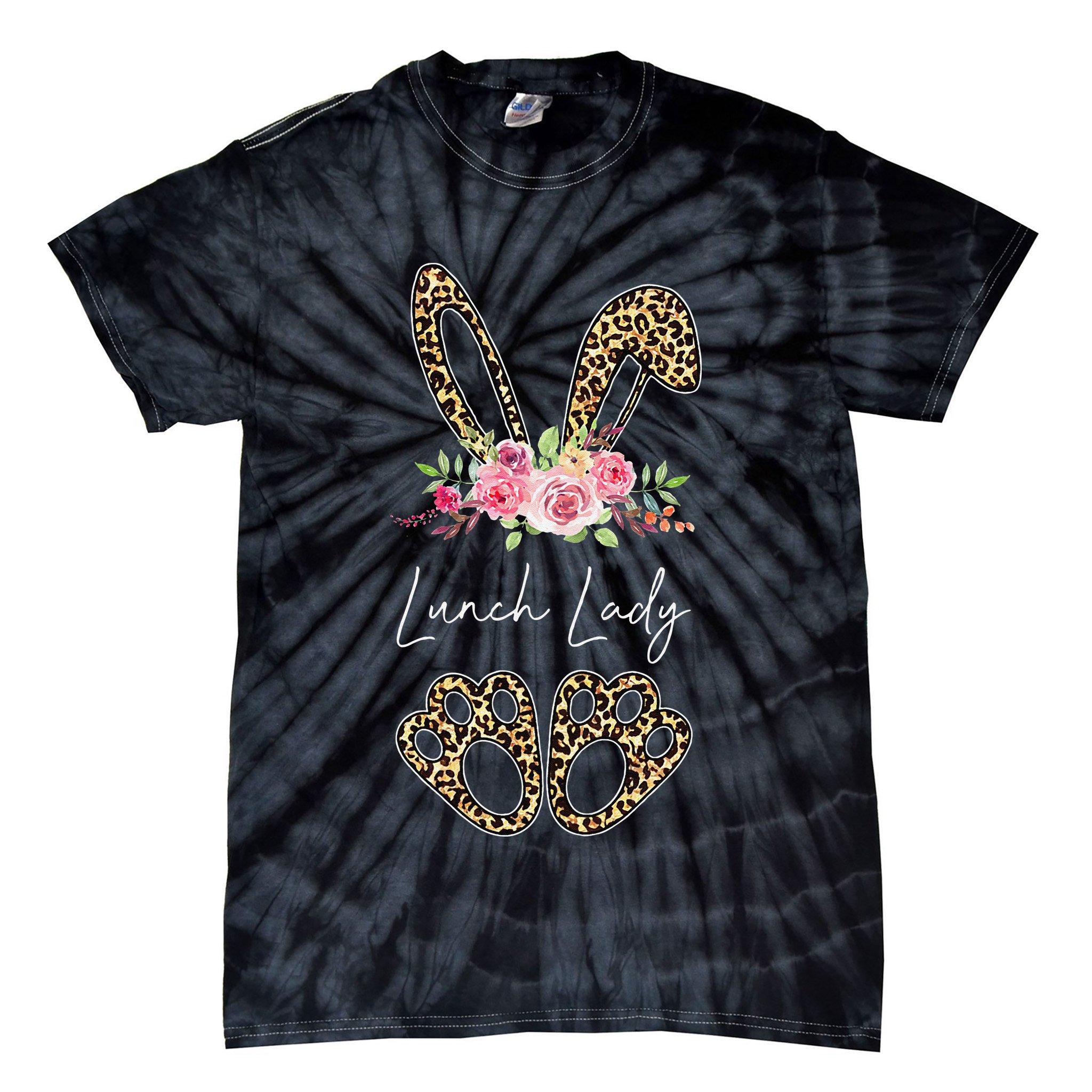 Womens Lunch Lady Bunny Leopard Flowers Easter Gifts Tie-Dye T-Shirt