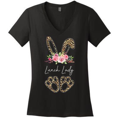 Womens Lunch Lady Bunny Leopard Flowers Easter Gifts Women's V-Neck T-Shirt